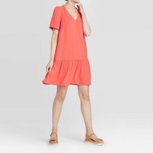 Short Sleeve Ruffle Hem Dress Coral Salmon Pink Classic Mini